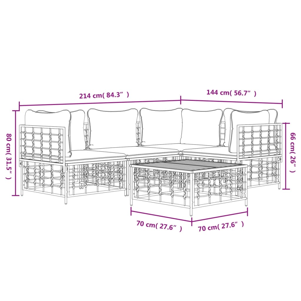 Garden lounge set with cushions, 5-piece, anthracite, poly rattan