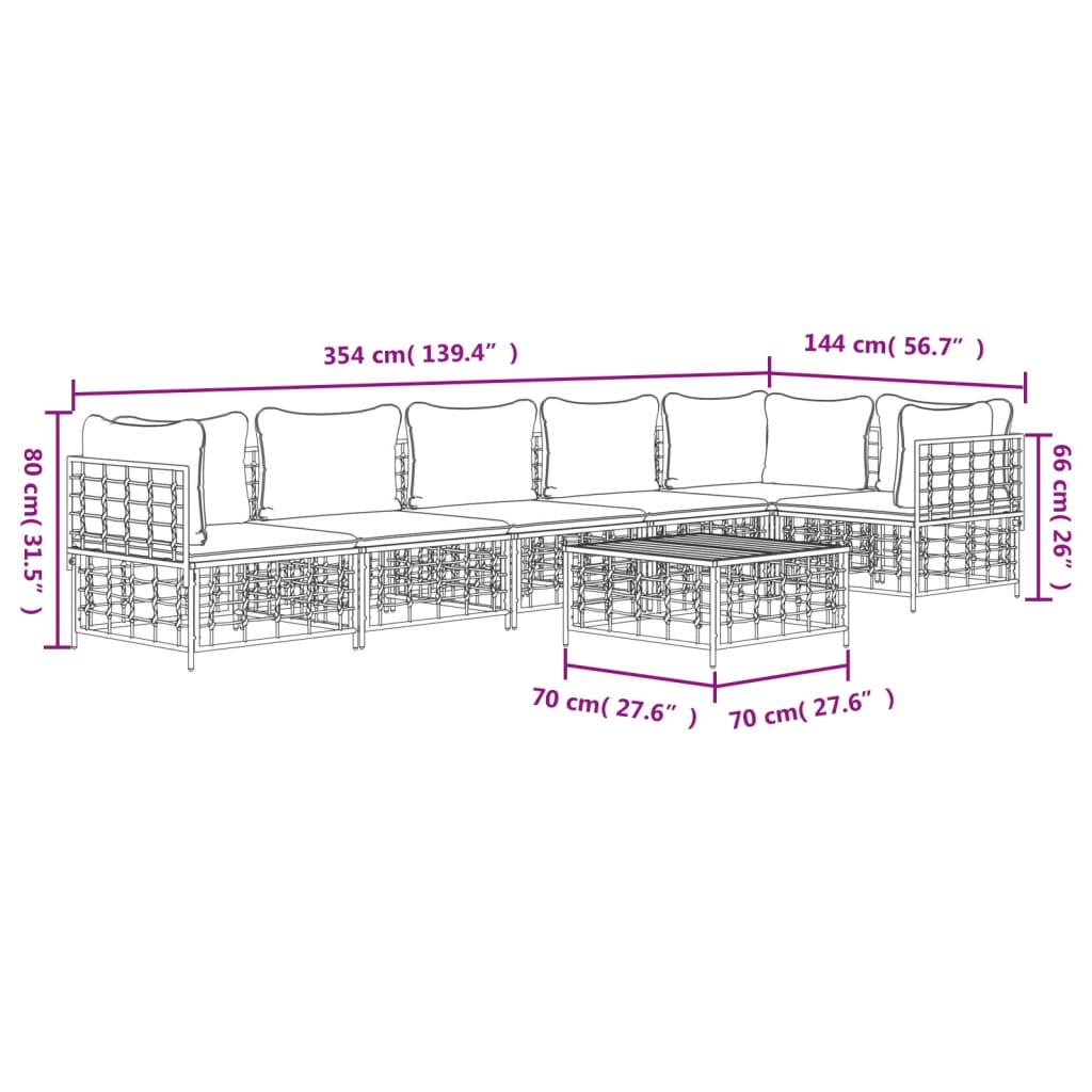 Garden lounge set with cushions, 7-piece, anthracite, poly rattan