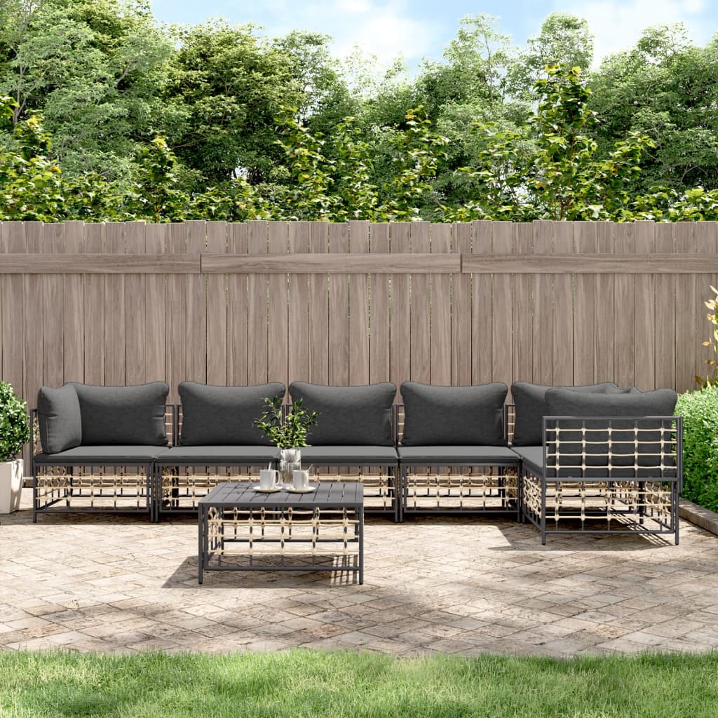 Garden lounge set with cushions, 7-piece, anthracite, poly rattan