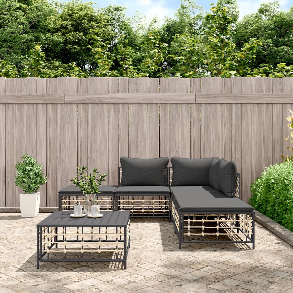Garden Lounge Set with Cushions, 6-Piece, Anthracite, Poly Rattan