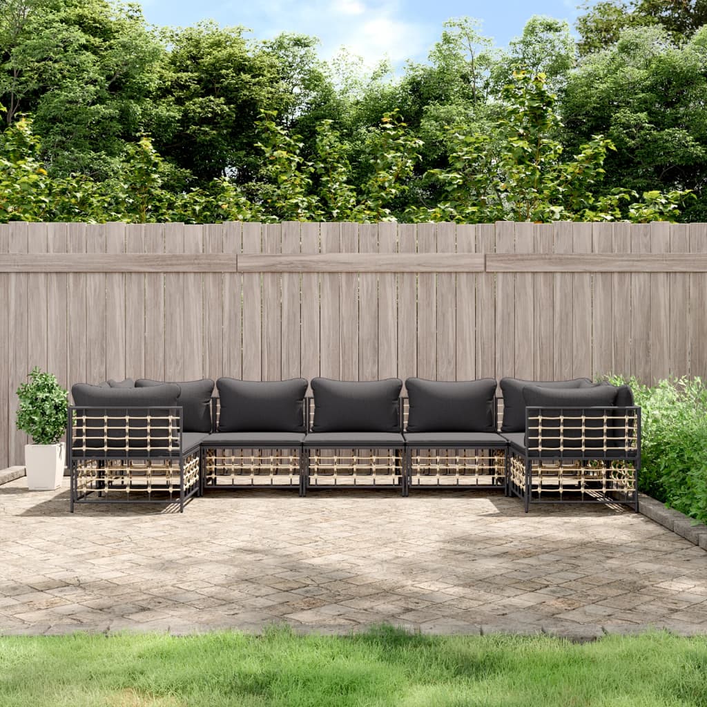 Garden lounge set with cushions, 7-piece, anthracite, poly rattan