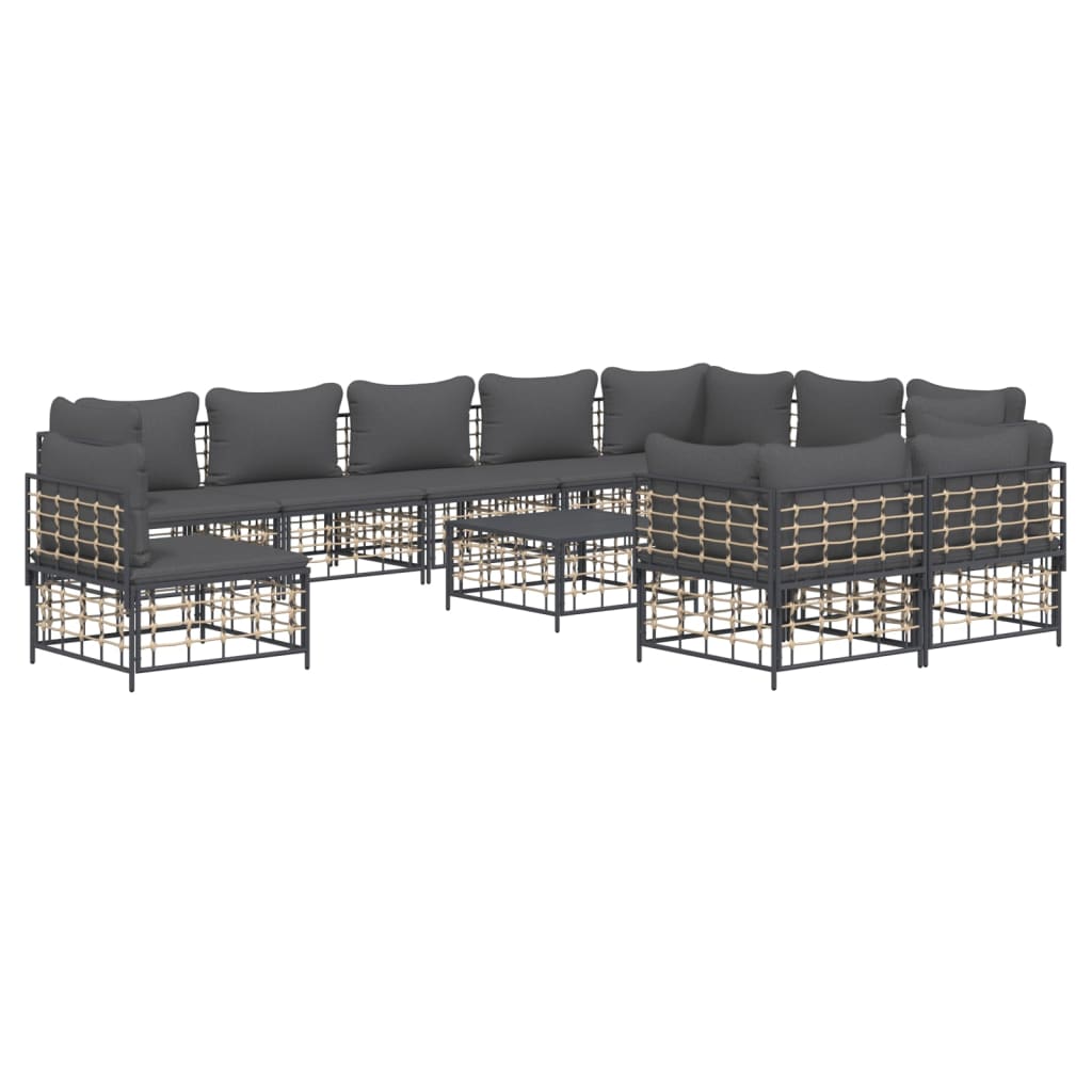 Garden lounge set with cushions, 11 pieces, anthracite, poly rattan