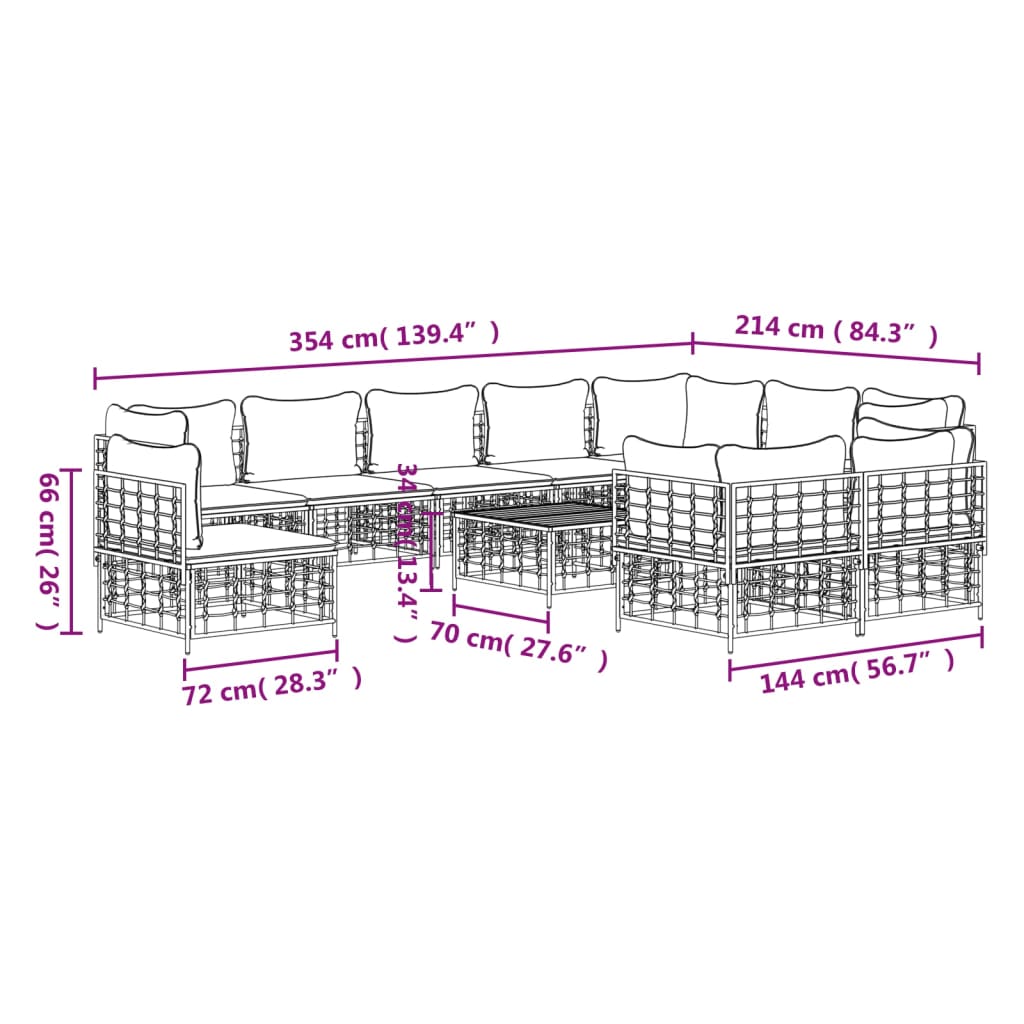 Garden lounge set with cushions, 11 pieces, anthracite, poly rattan
