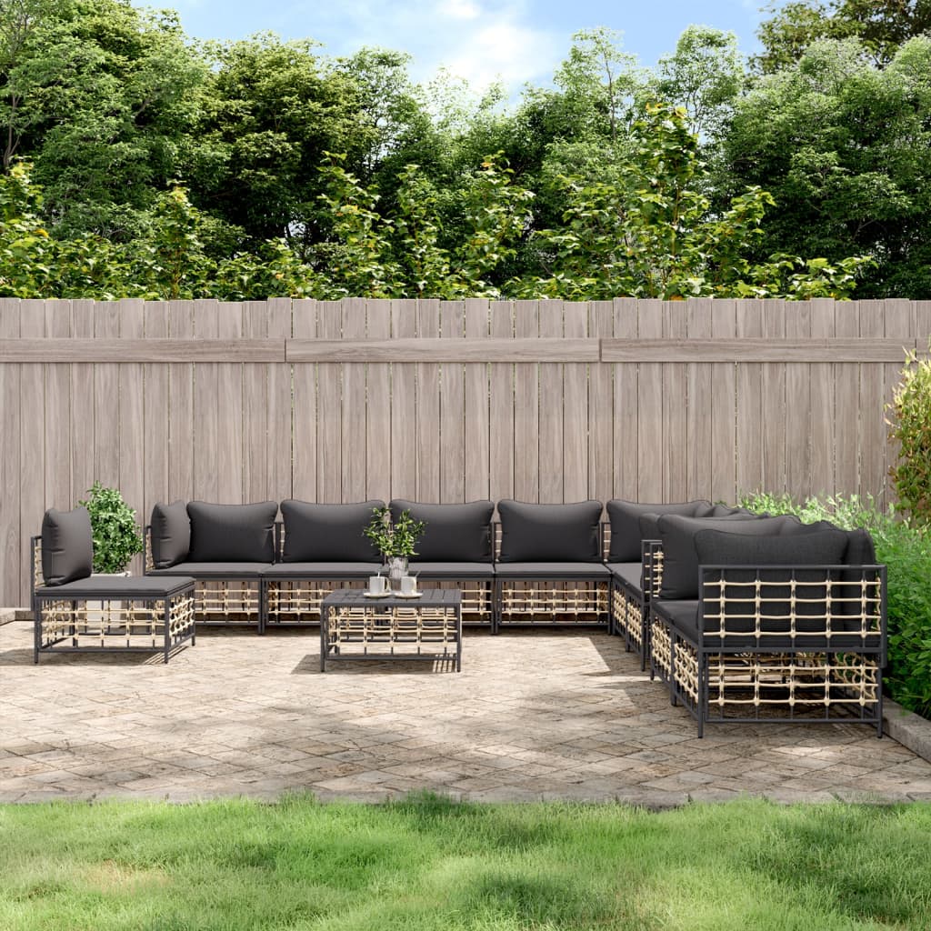 Garden lounge set with cushions, 11 pieces, anthracite, poly rattan
