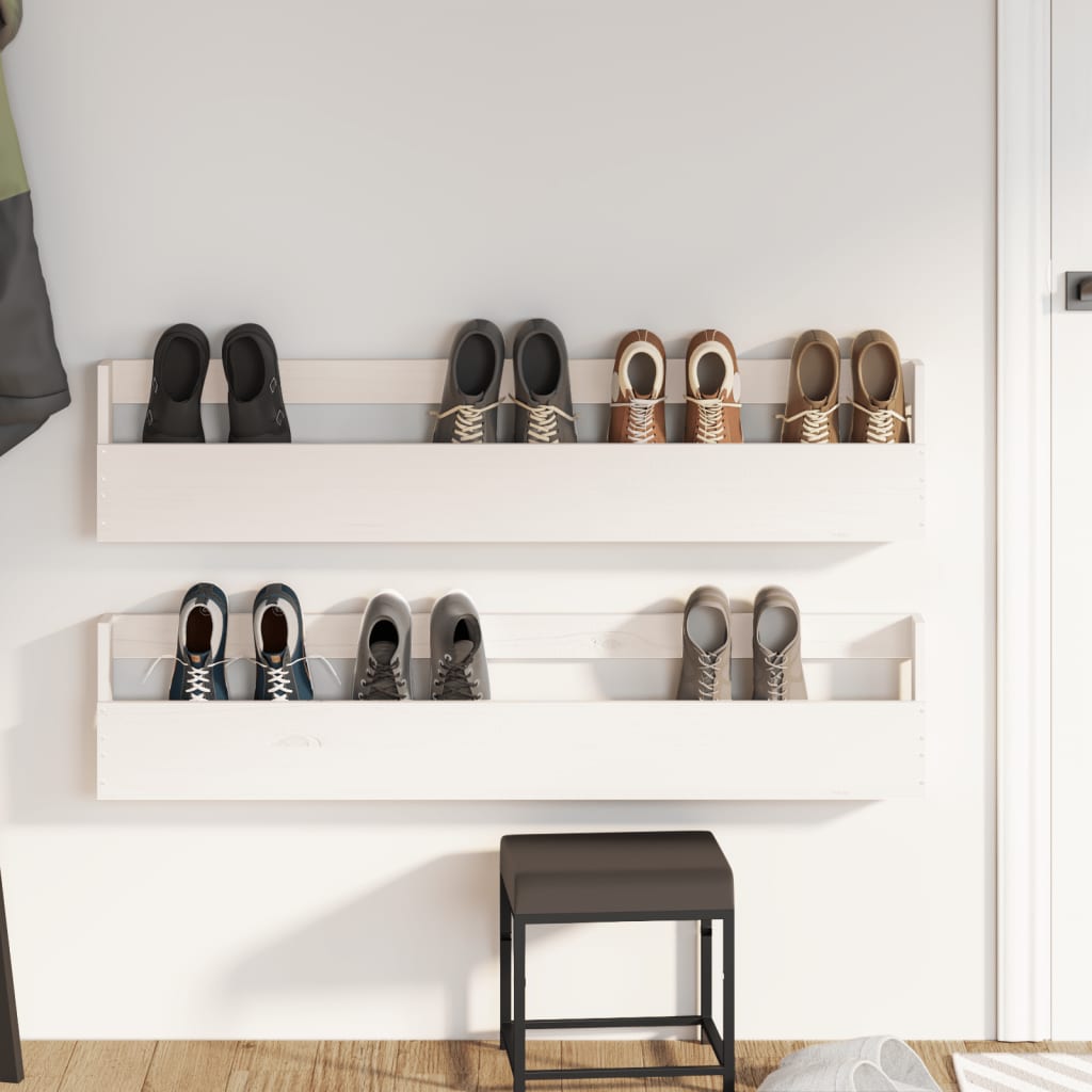 Wall-mounted shoe racks, 2 pcs, white, 110x9x23cm, pine