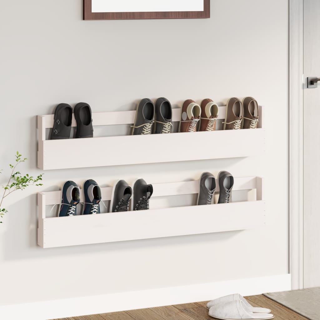 Wall-mounted shoe racks, 2 pcs, white, 110x9x23cm, pine