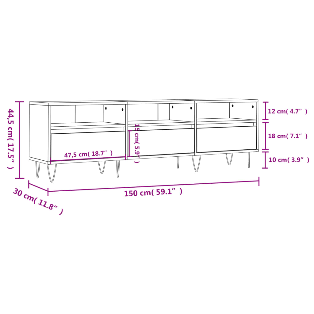 TV cabinet, grey oak, 150x30x44.5cm, wood