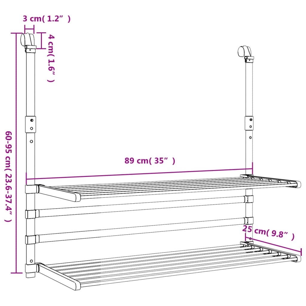 Laundry dryer for balcony, 89x25x(60–95)cm, aluminum