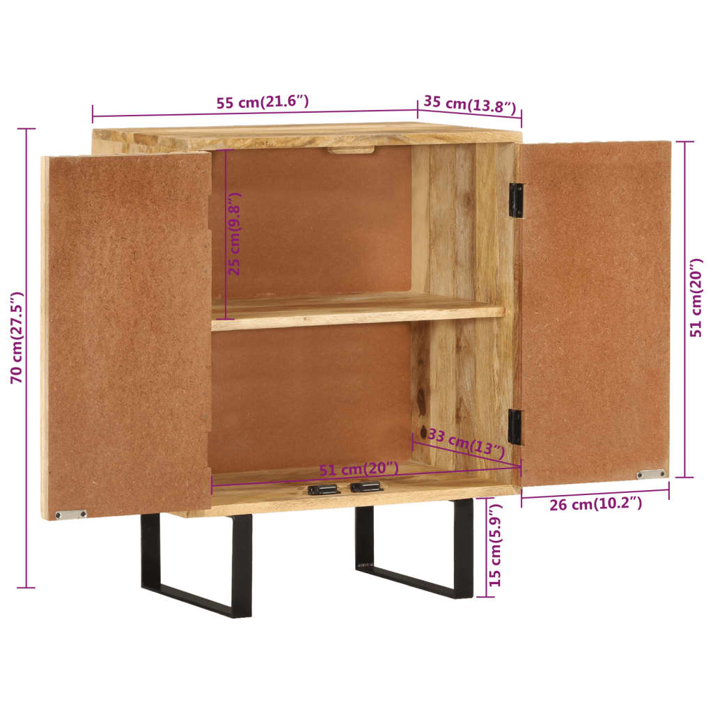 Sideboard with 2 doors, 55x35x70cm, solid mango wood