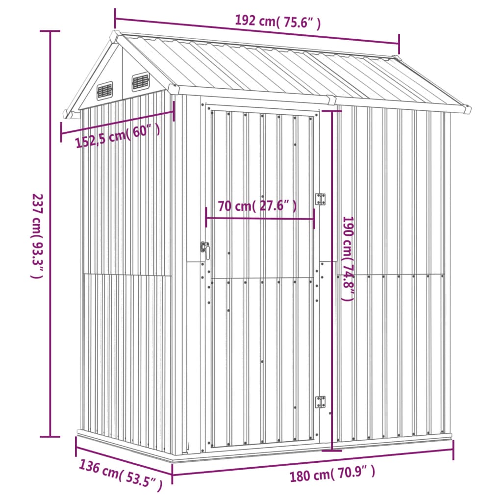 Garden shed, light grey, 192x152.5x237cm, steel