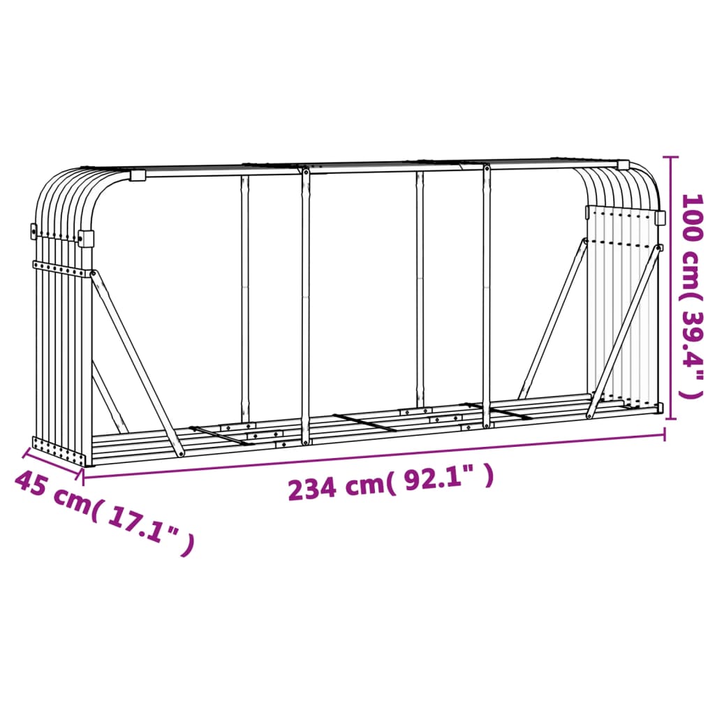 Log rack, wood-look, 234x45x100cm, galvanized steel