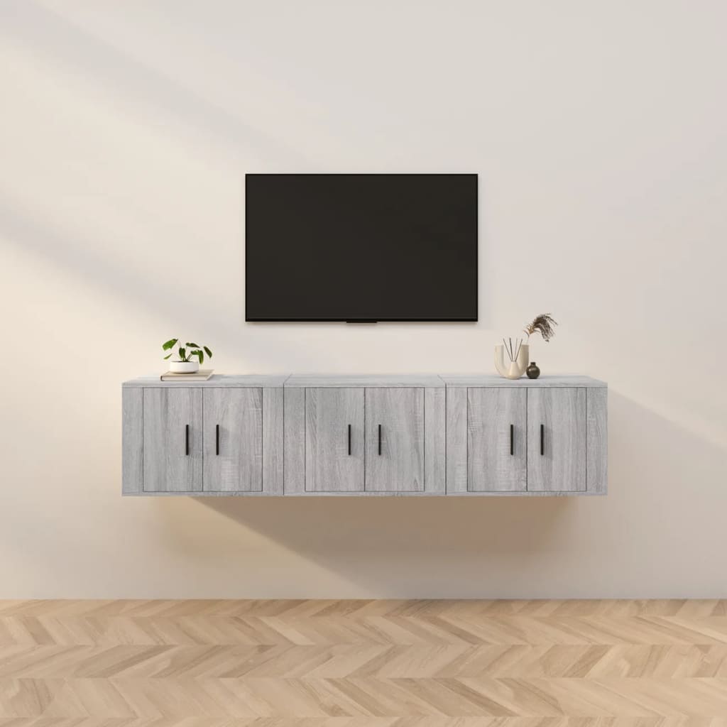 Pie sienas stiprināmi TV skapīši, 3 gab., pelēka ozolkoka, 57x34,5x40 cm