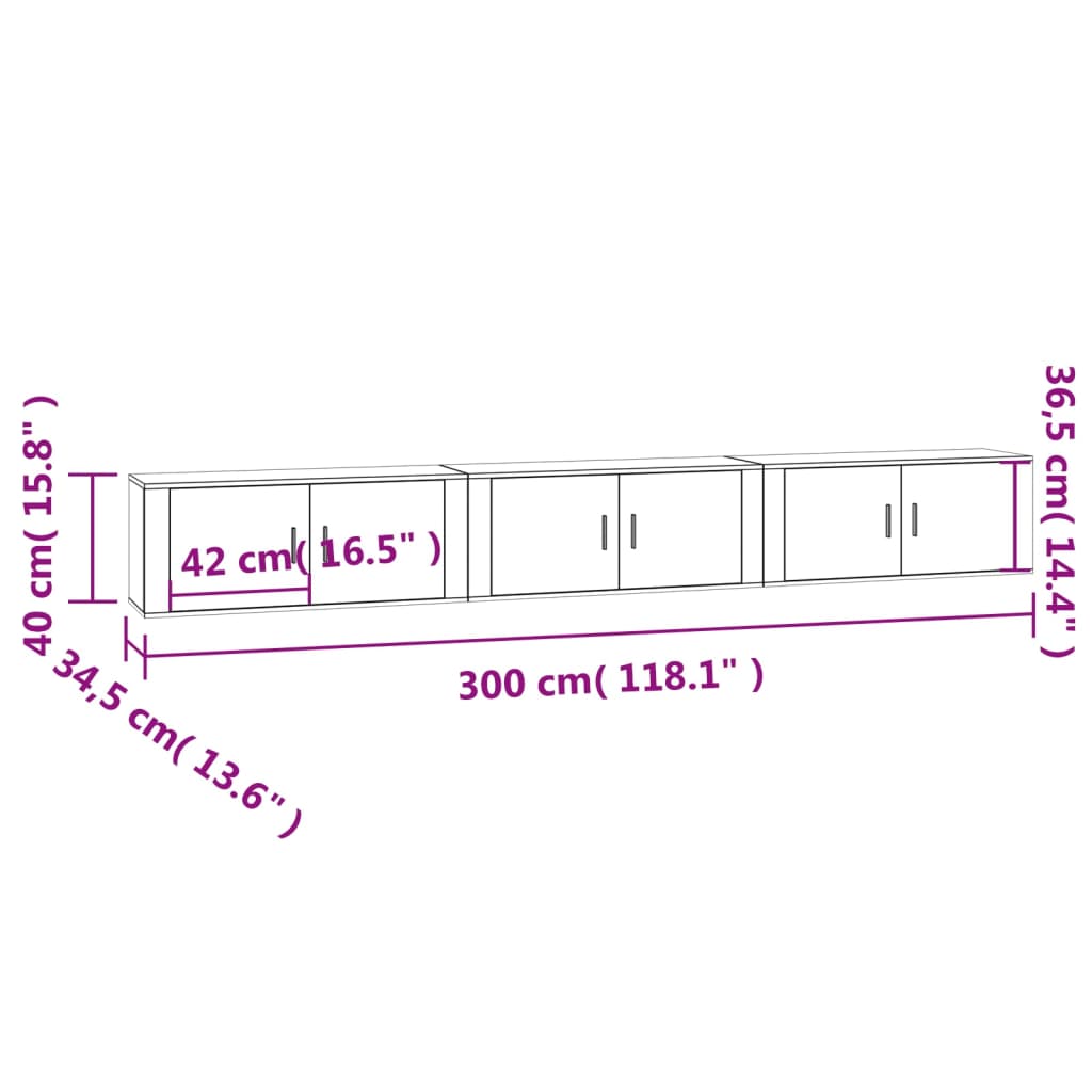 Sieninės TV spintelės, 3vnt., pilkos ąžuolo, 100x34,5x40cm