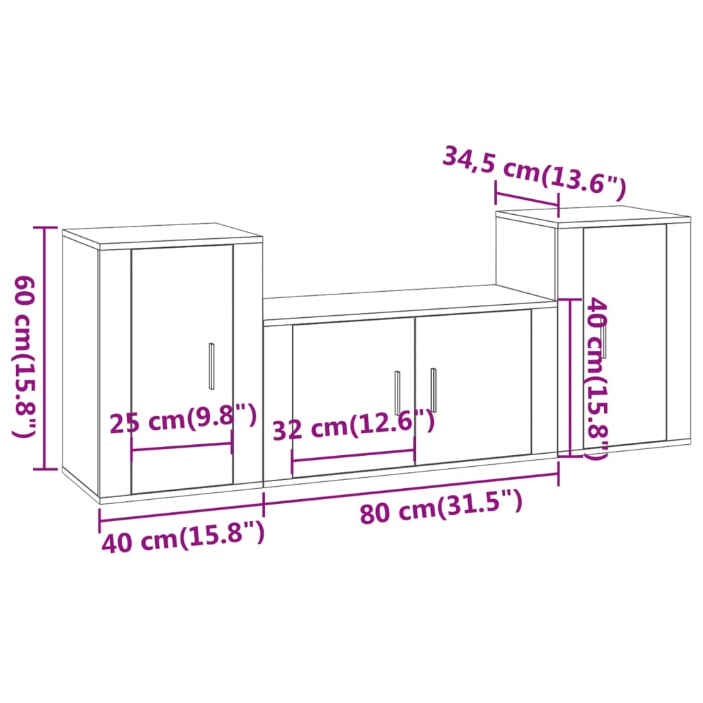 TV cabinet set, 3-piece, white, wood