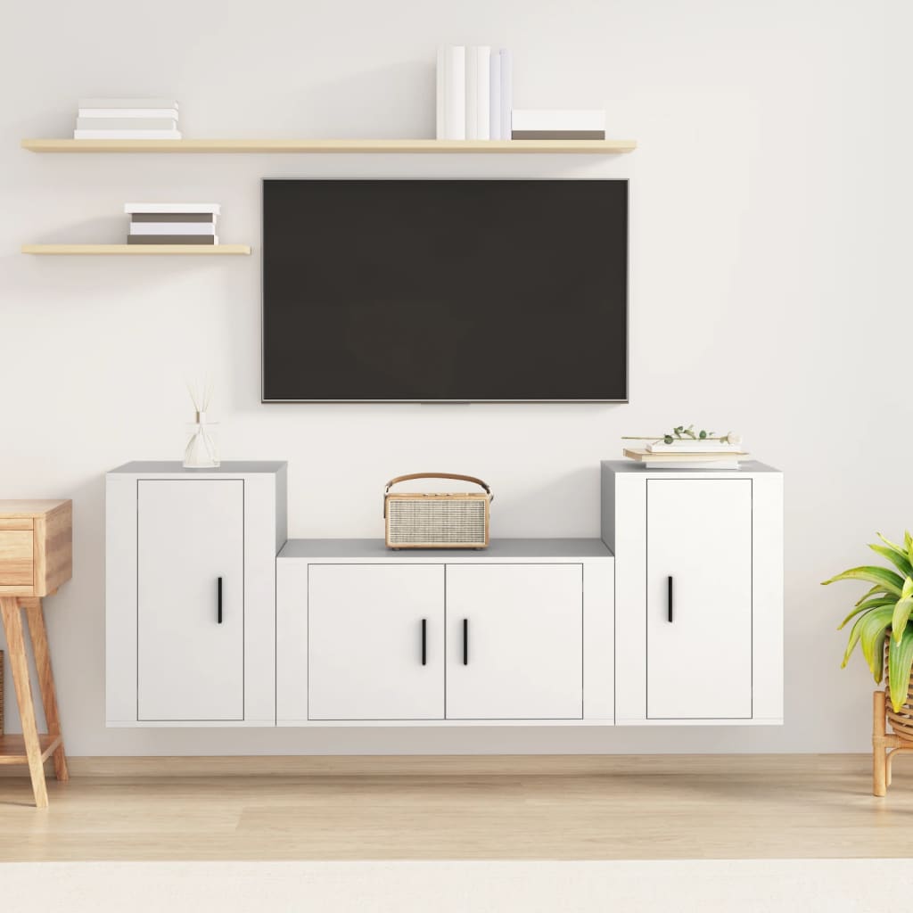TV cabinet set, 3-piece, white, wood