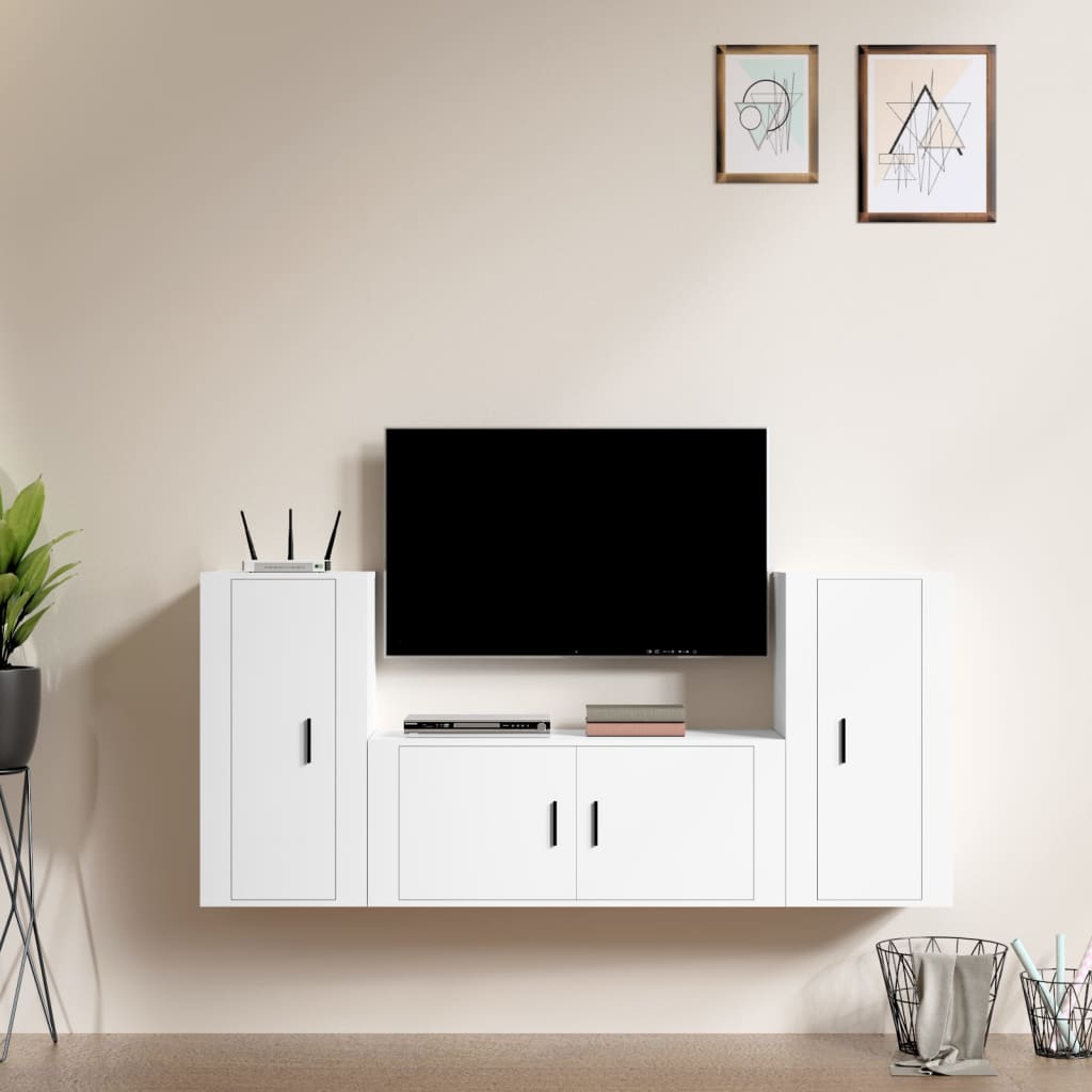 Televizoriaus spintelių komplektas, 3 dalių, baltas, mediena