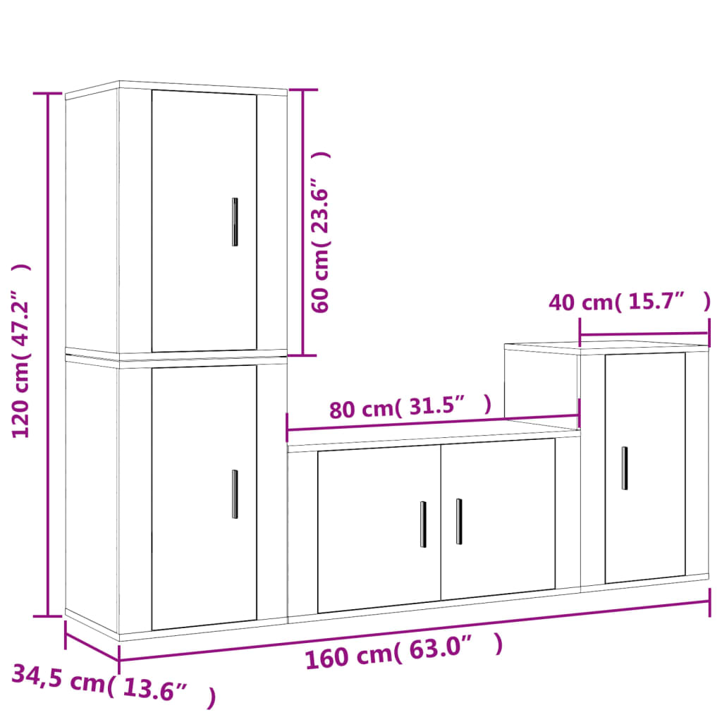 TV cabinet set, 4-piece, concrete grey, wood