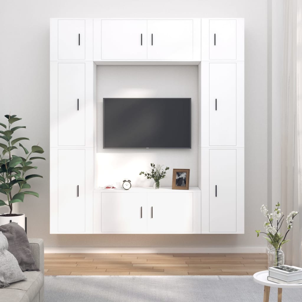 Televizoriaus spintelių komplektas, 8 dalių, baltas, mediena