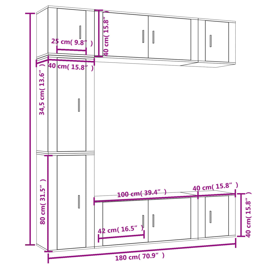 TV cabinet set, 7 pieces, white, wood
