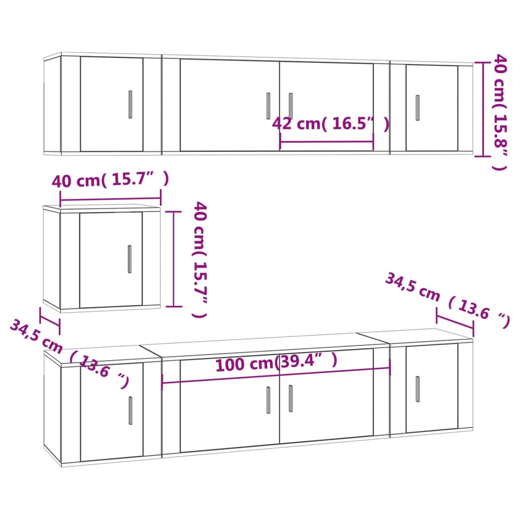 TV cabinet set, 7-piece, grey oak, engineered wood