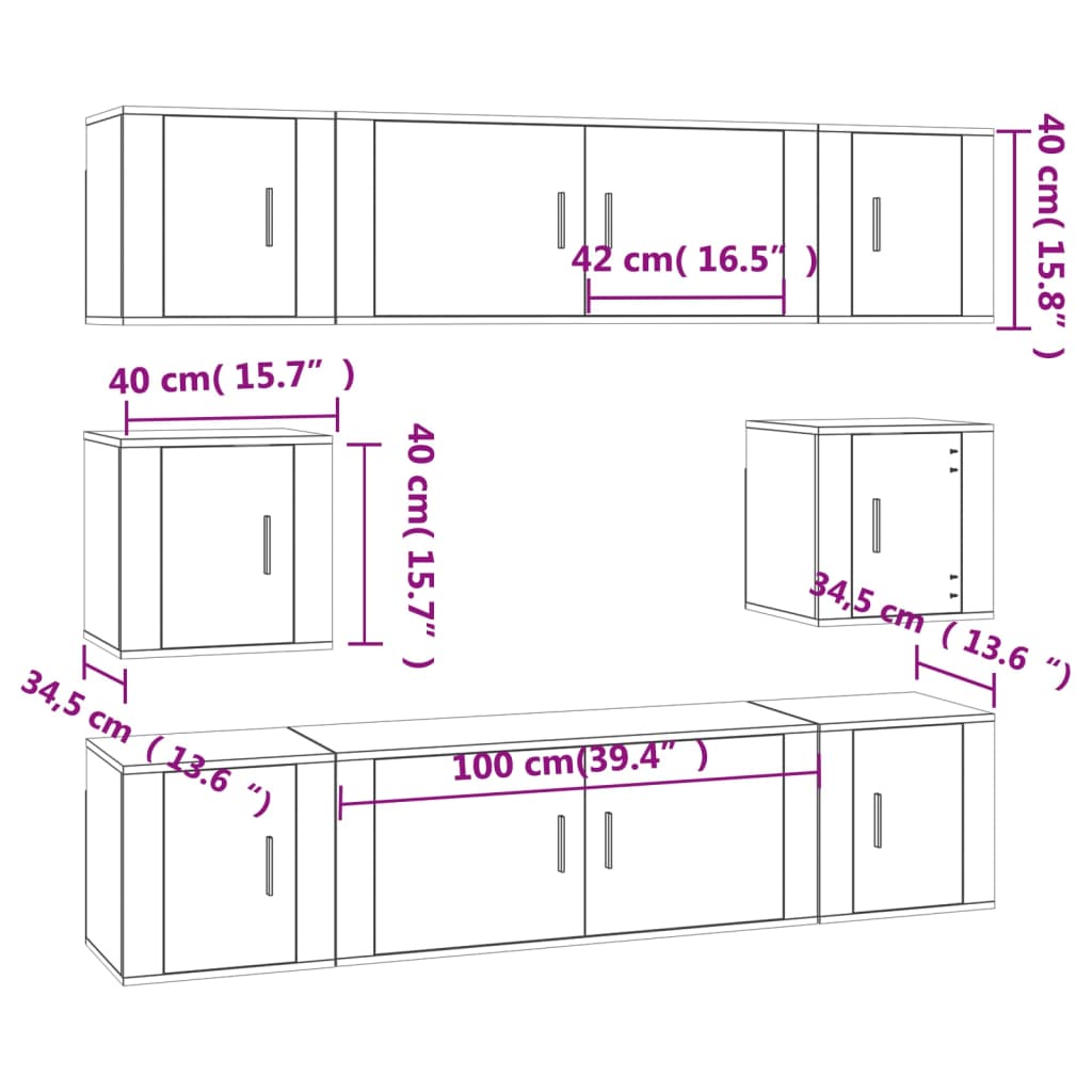 TV cabinet set, 8-piece, white, wood