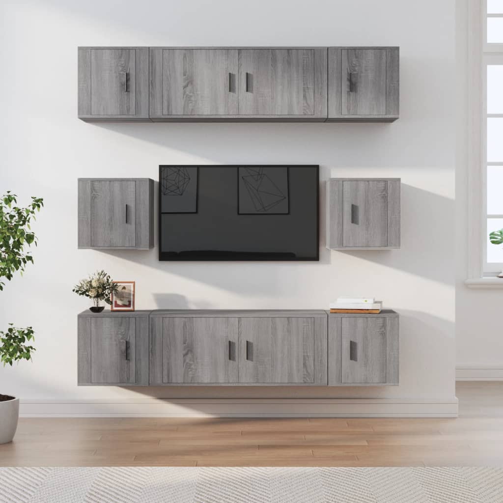TV spintelių komplektas, 8 dalių, pilkas ąžuolo, mediena