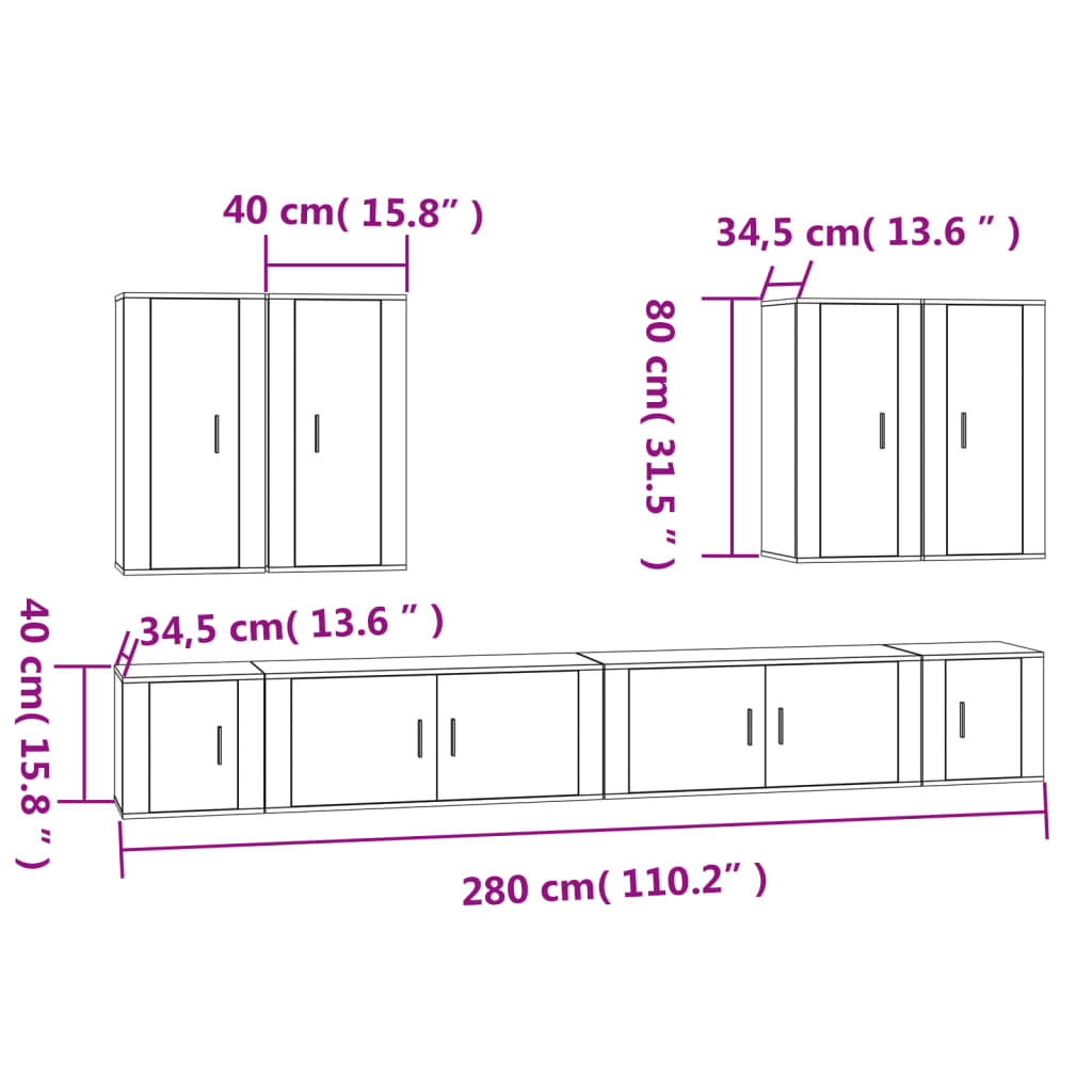 TV cabinet set, 8-piece, white, wood