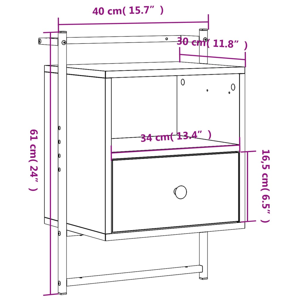 Wall-mounted nightstand, smoky, 40x30x61cm, engineered wood