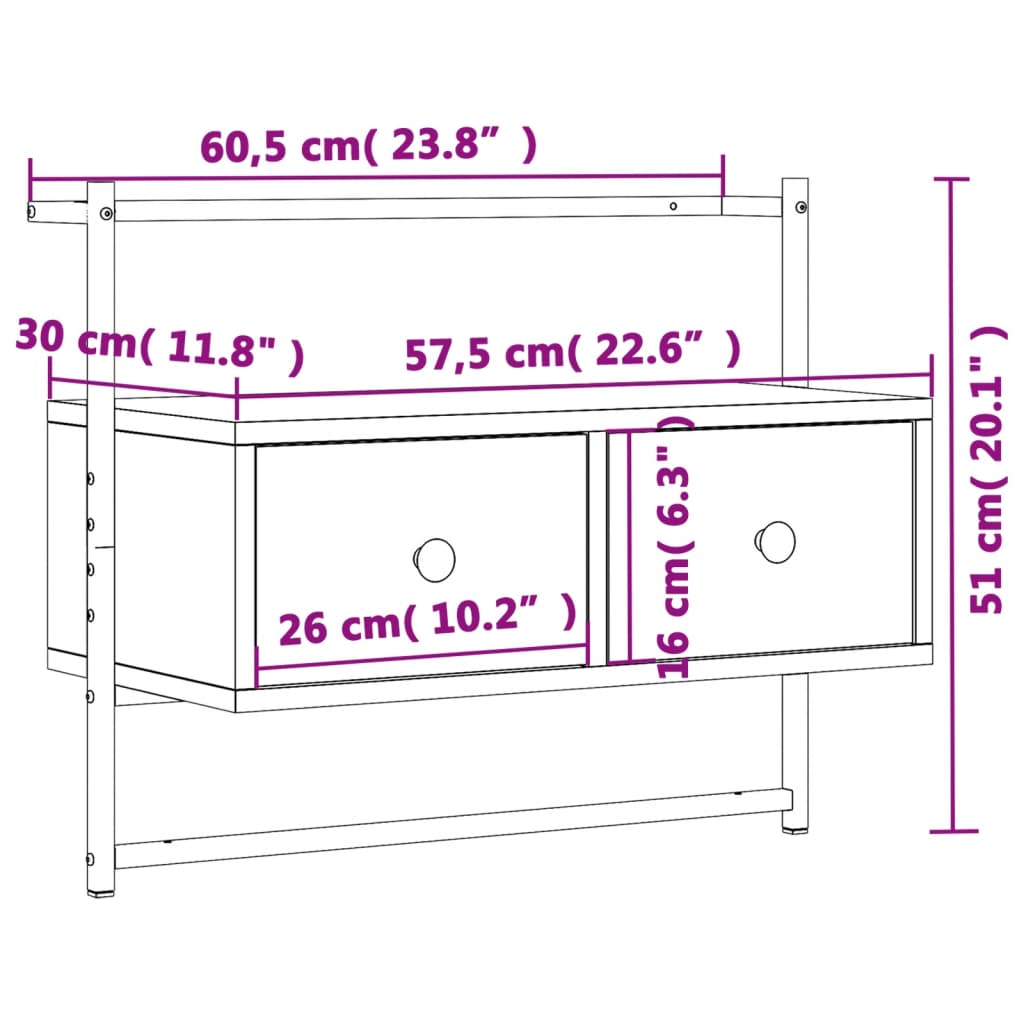 Wall-mounted TV cabinet, oak, 60.5x30x51cm, wood
