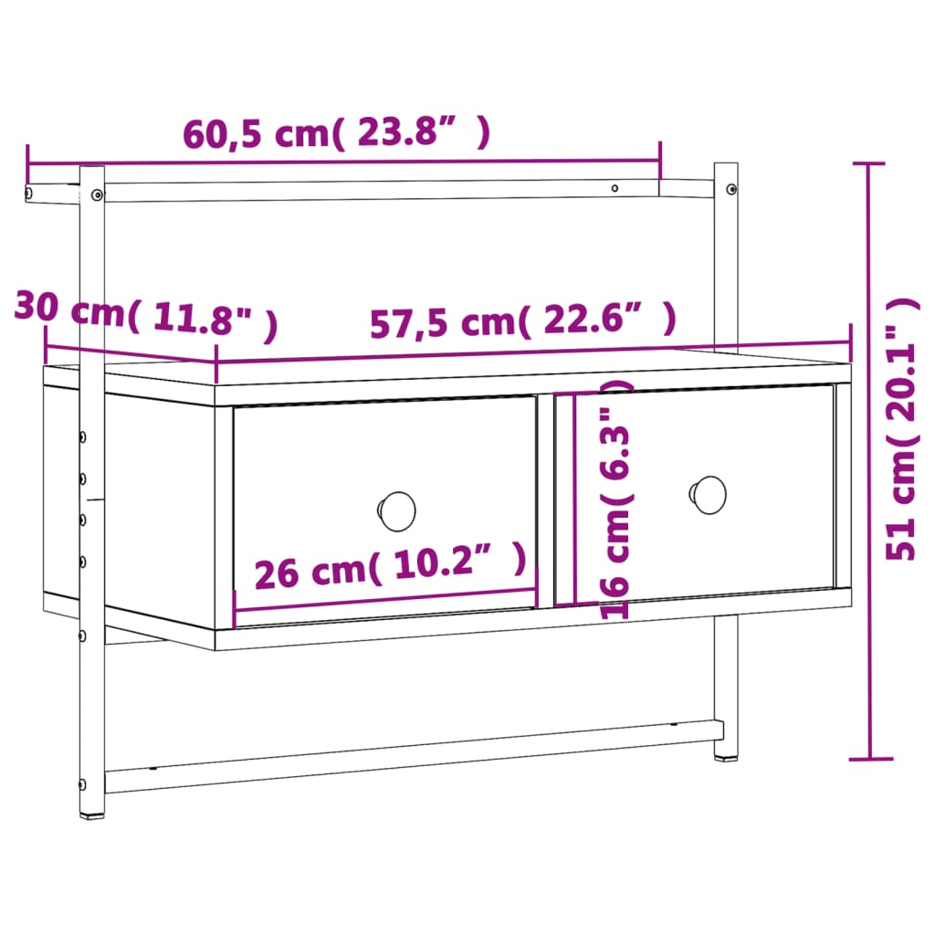 Wall-mounted TV cabinet, smoked, 60.5x30x51cm, wood