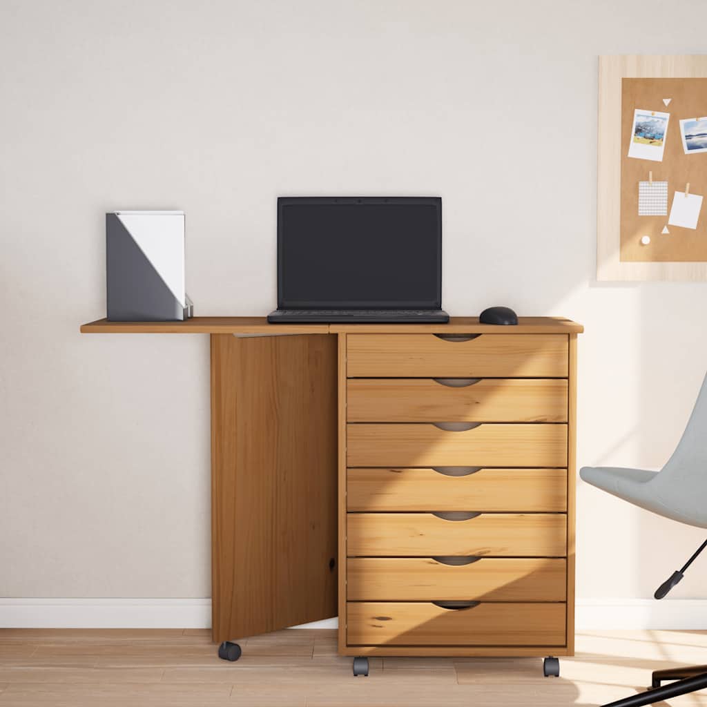 Cabinet with castors and table MOSS, brown, solid pine