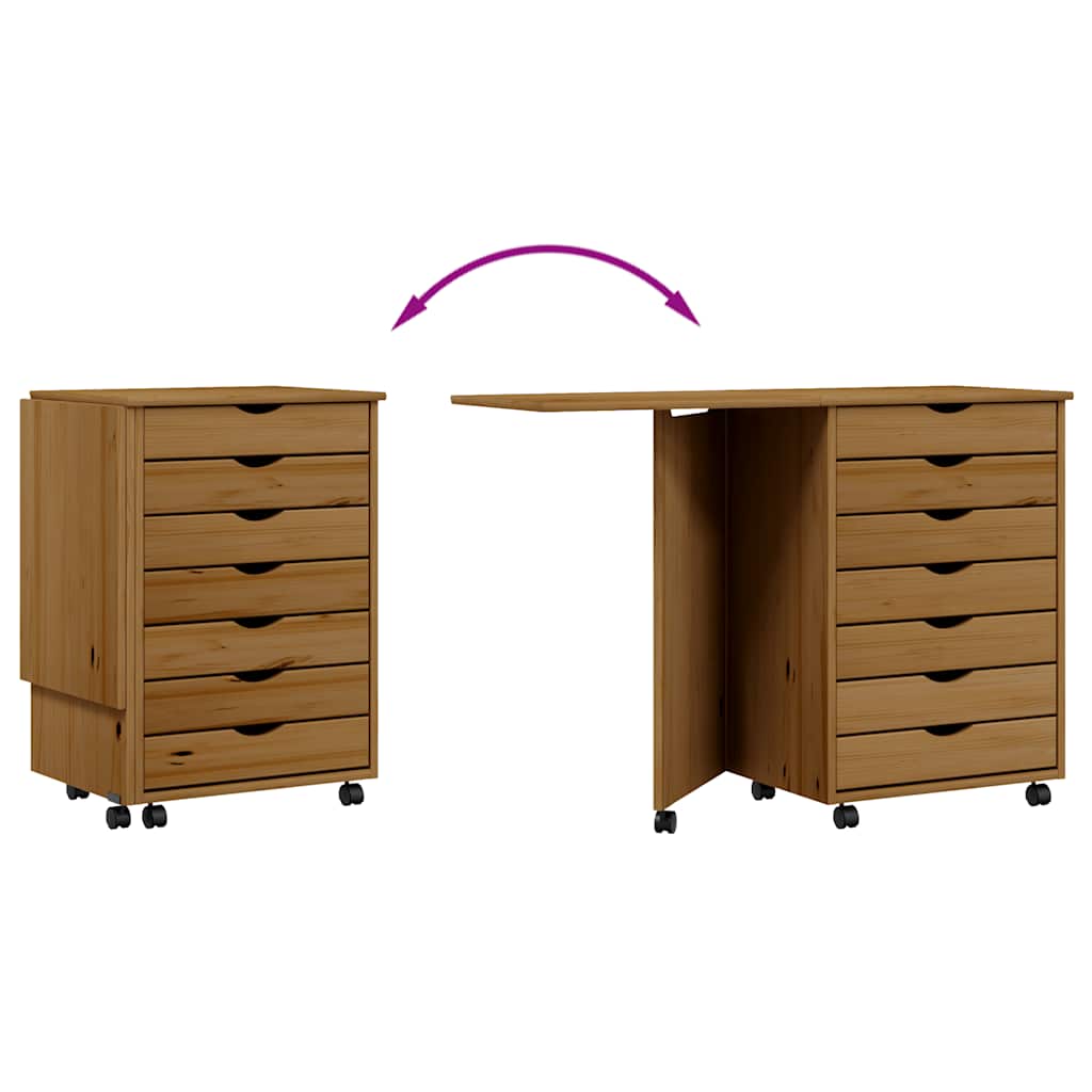 Cabinet with castors and table MOSS, brown, solid pine