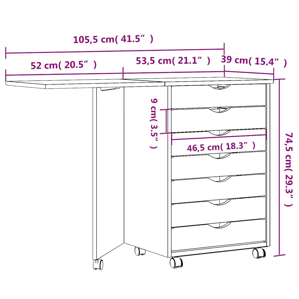 Cabinet with castors and table MOSS, grey, solid pine