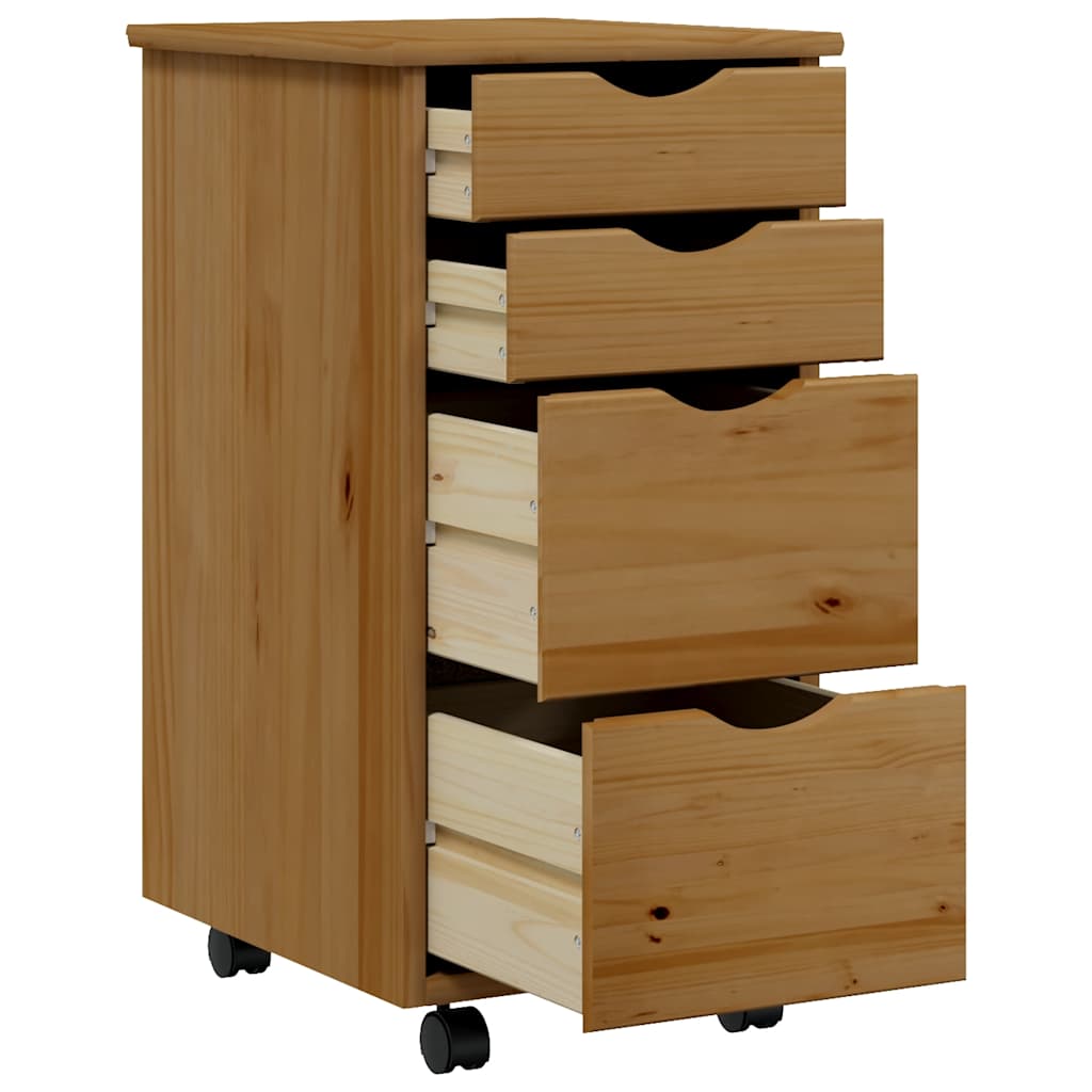 MOSS cabinet with castors and drawers, brown, solid pine