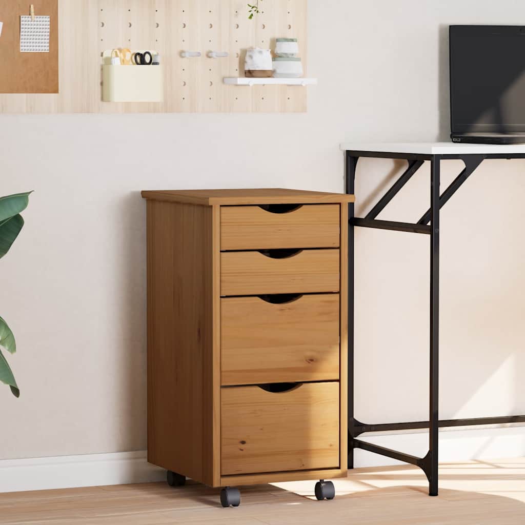 MOSS cabinet with castors and drawers, brown, solid pine