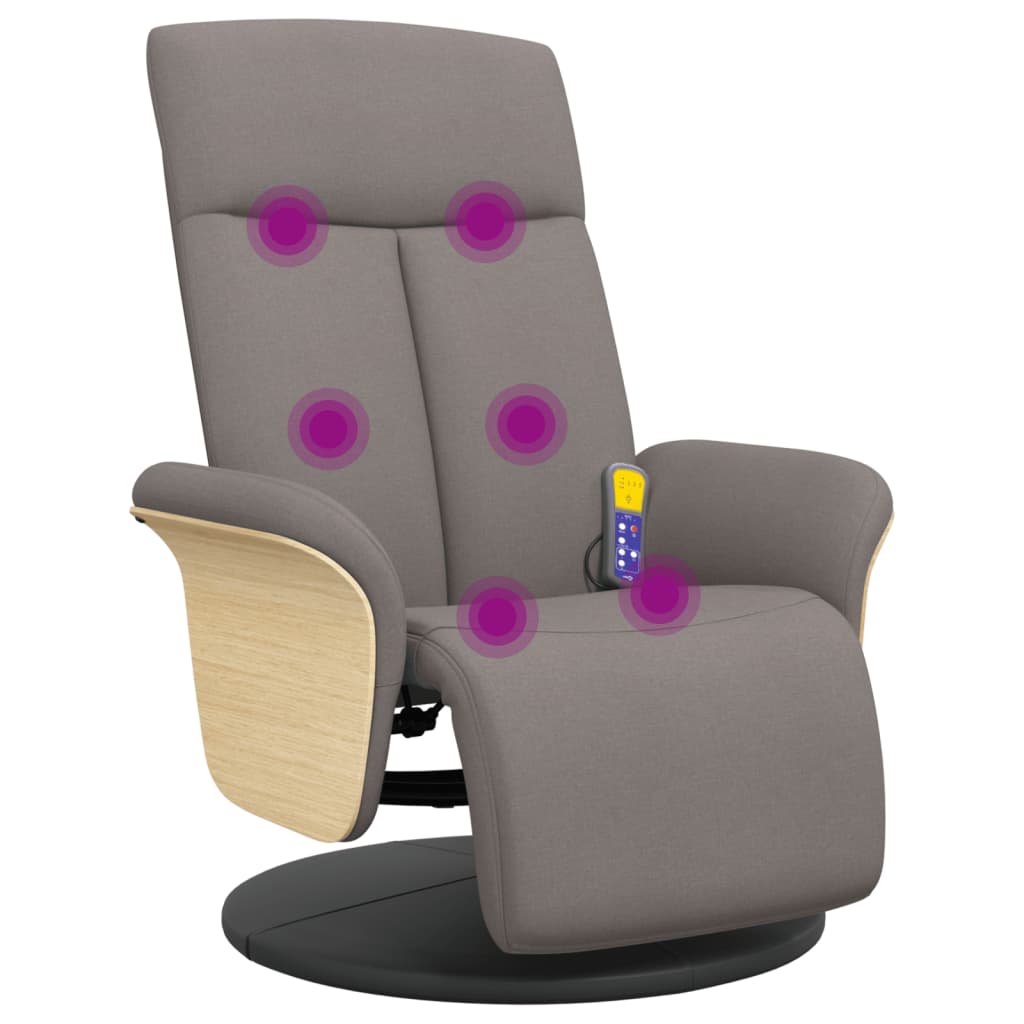 Recliner massage chair with footrest, taupe, fabric