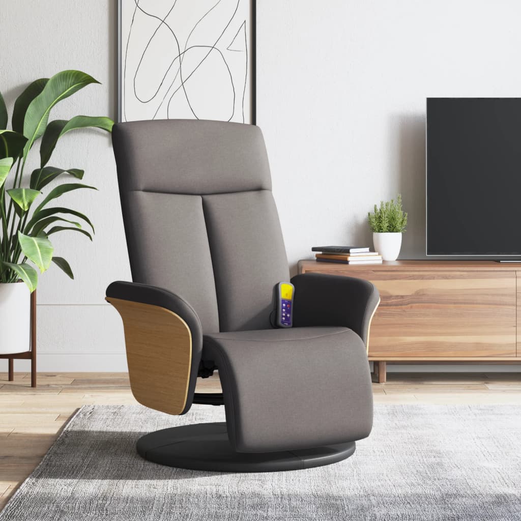 Recliner massage chair with footrest, taupe, fabric