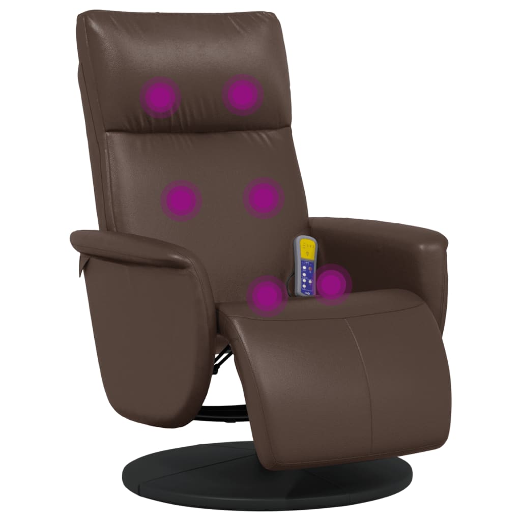 Reclining massage armchair with footrest, brown, artificial leather