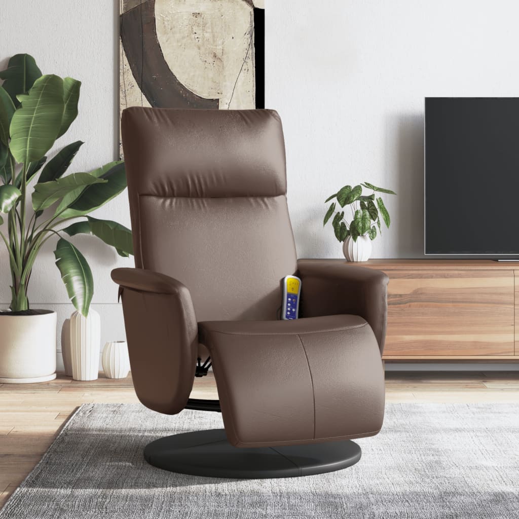 Reclining massage armchair with footrest, brown, artificial leather