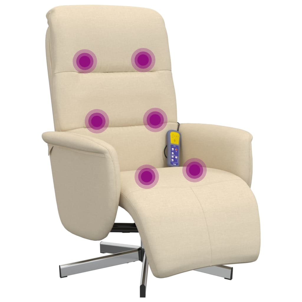 Reclining massage armchair with footrest, cream-coloured, fabric