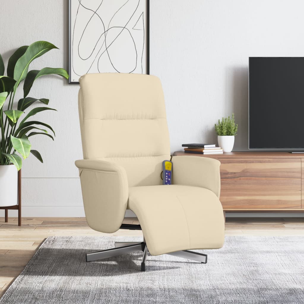 Reclining massage armchair with footrest, cream-coloured, fabric