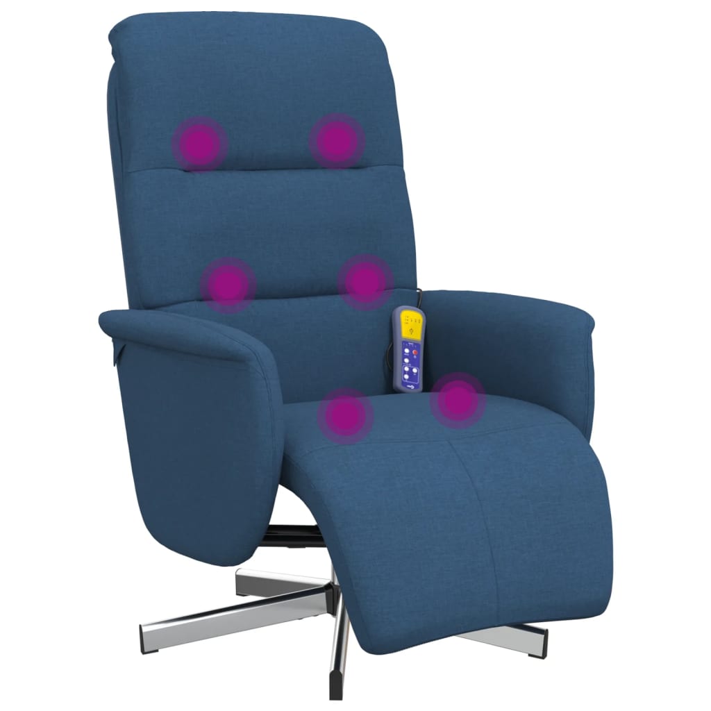 Reclining massage chair with footrest, blue, fabric