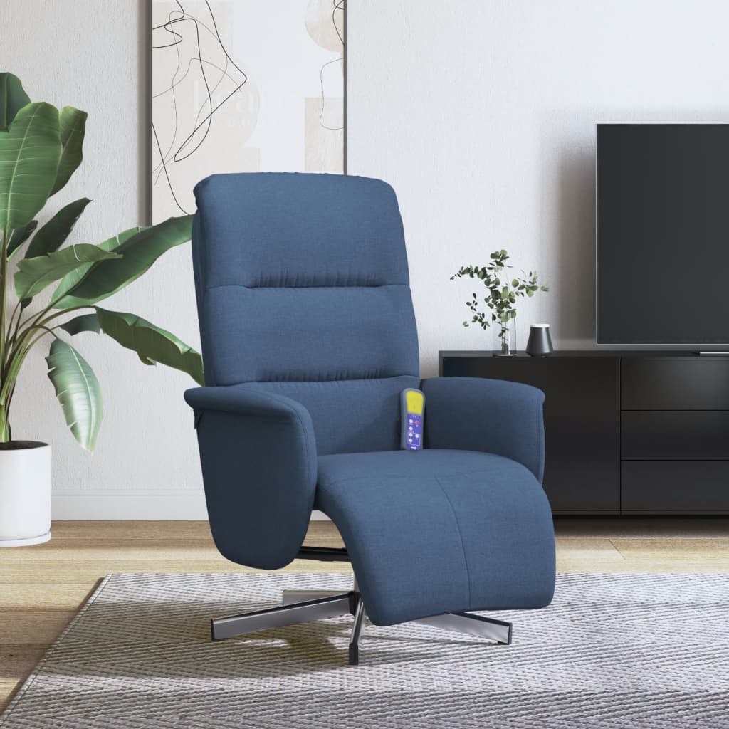 Reclining massage chair with footrest, blue, fabric