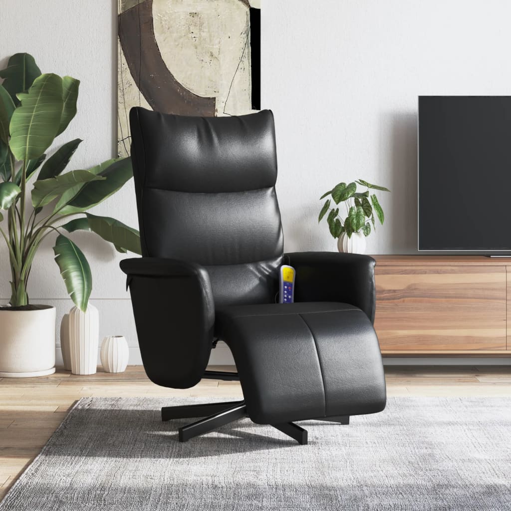 Reclining massage chair with footrest, black, artificial leather