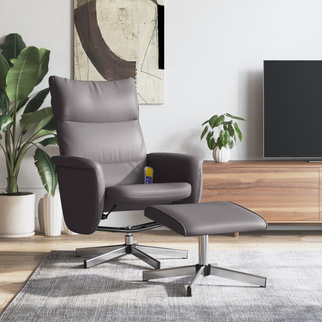 Reclining massage armchair with footrest, grey, artificial leather
