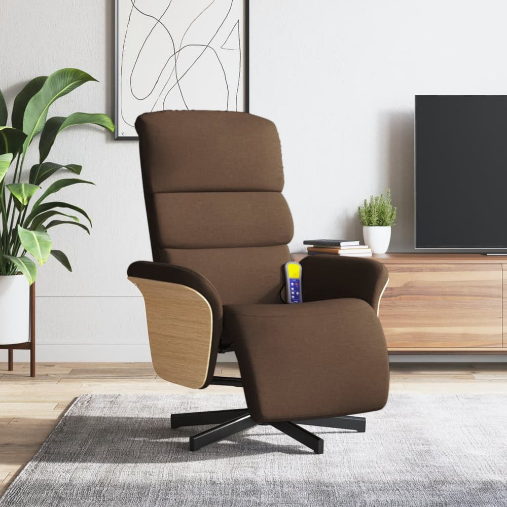 Reclining massage chair with footrest, brown, fabric