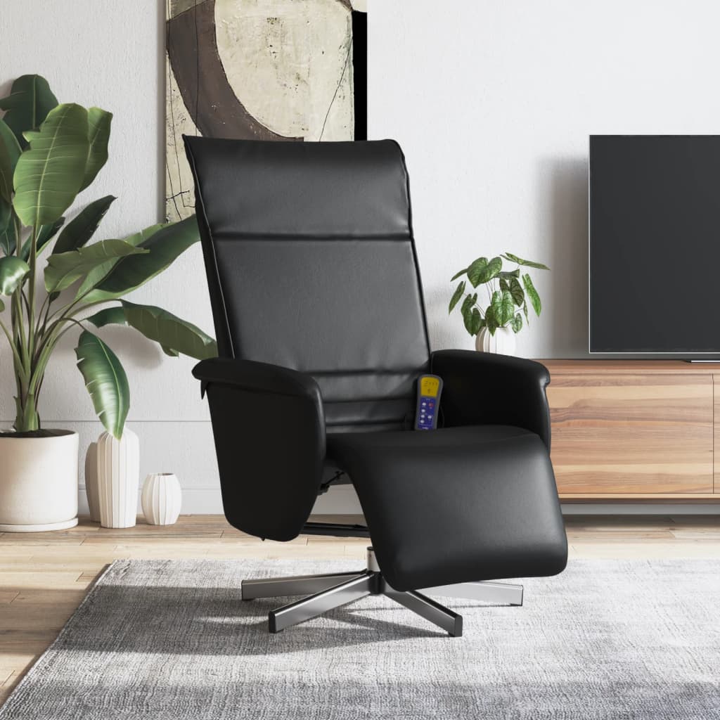 Reclining massage chair with footrest, black, artificial leather