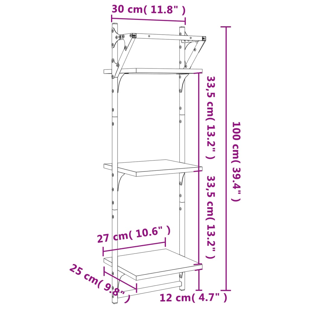 Wall shelves with crossbars, 2 pcs., smoked, 30x25x100cm