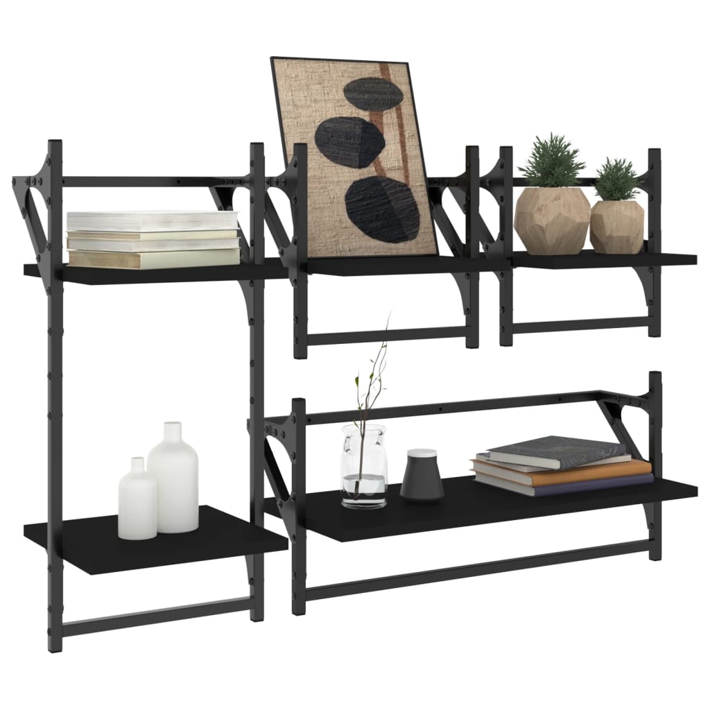 Wall shelf set, 4 pcs, black, engineered wood