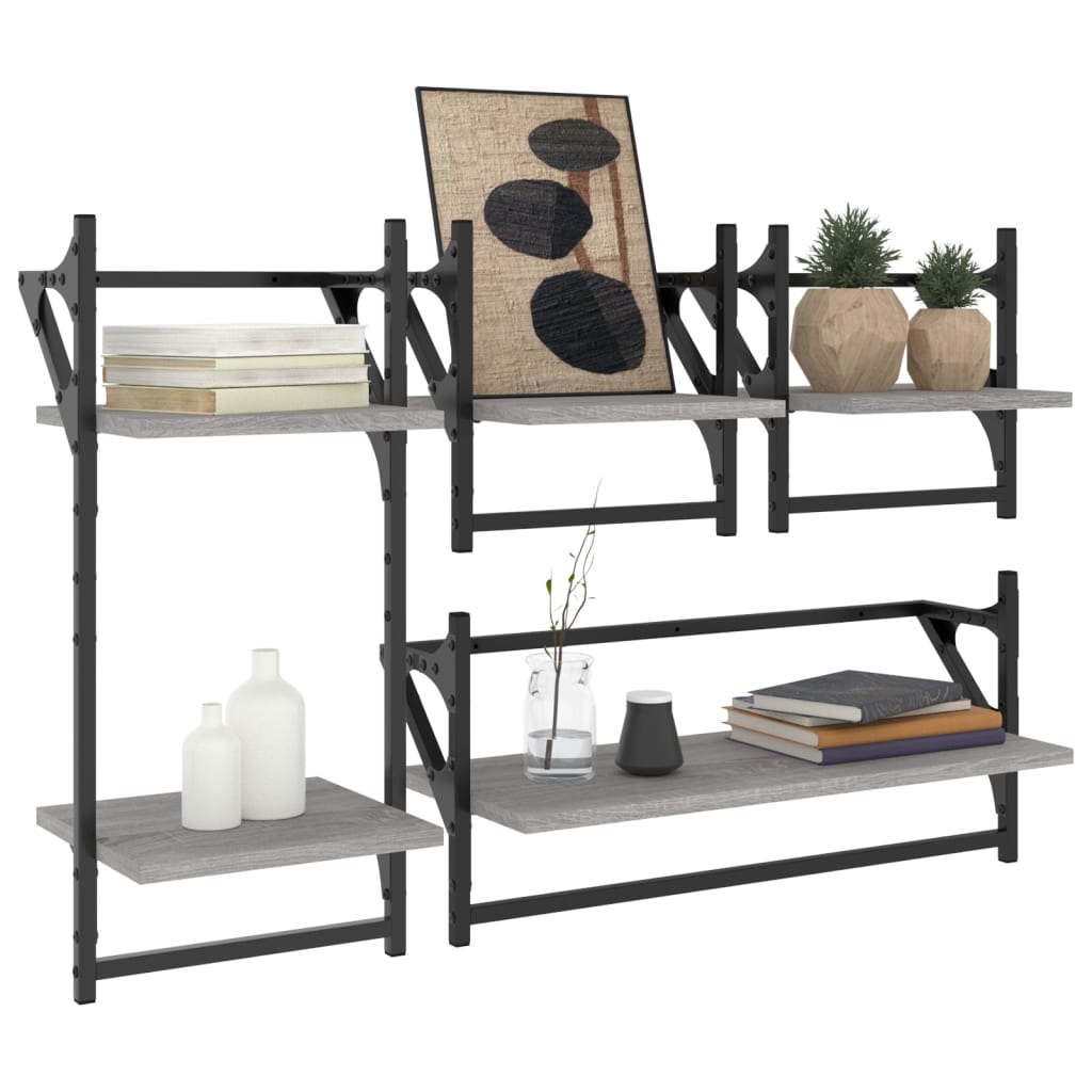 Wall shelves set, 4 pcs, grey, engineered wood